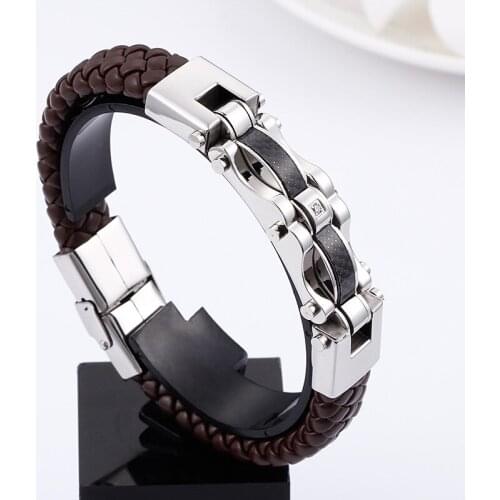 GNAYY Punk jewelry Stainless Steel ID Bracelet brown Genuine Leather Bangle large 15mm 8.66'' 47g weight