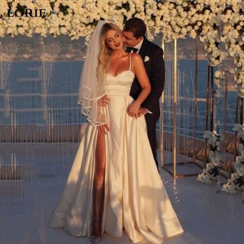 LORIE A Line Satin Princess Wedding Dresses Simple And Clean Spaghetti Straps Bride Dress Side Split Wedding Party Gown 2021