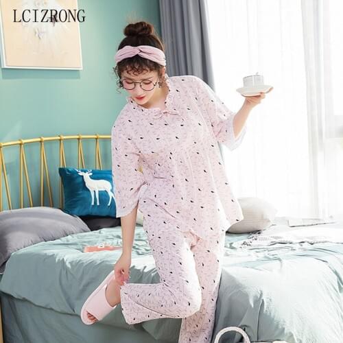 Fashion Print 2 Pieces Pajamas Sets Women Sweet Ruffle Lace Tops + Long Pants Sleepwear Nightgown Plus Size Home Clothes Female