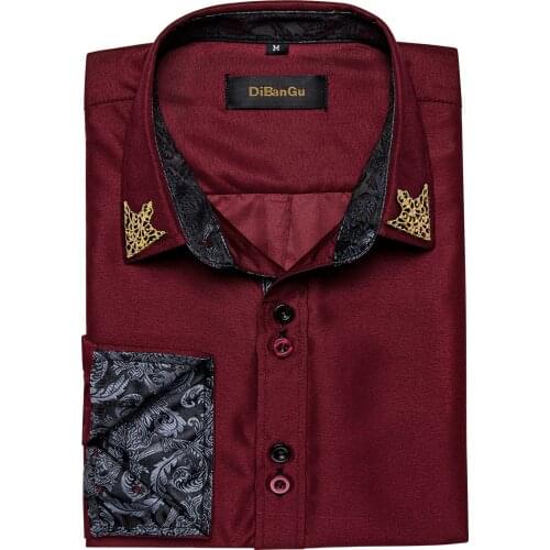 Mens Long Sleeve 100% Cotton Solid Black Red White Shirt Casual Paisley Slim Fit Male Social Business Dress Shirts DiBanGu