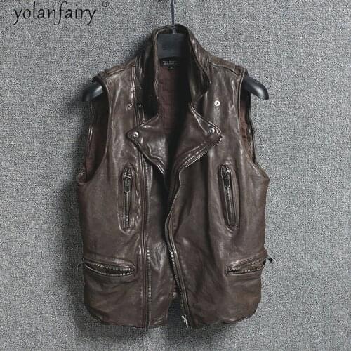 Mens Vest Genuine Leather Jacket Men Autumn Vintage 100% Sheepskin Coat Motorcycle Chaqueta Hombre 2020 16301866M01-15 KJ5324