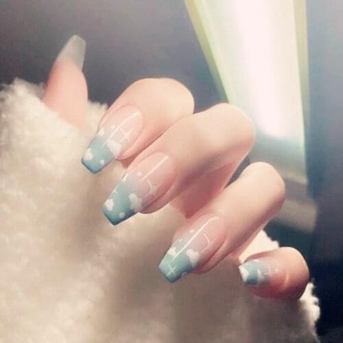 24Pcs Shiny Blue Clouds Press On Fake Nail French Short Ballerina Coffin False Nails DIY Full Cover Tips Manicure Tool