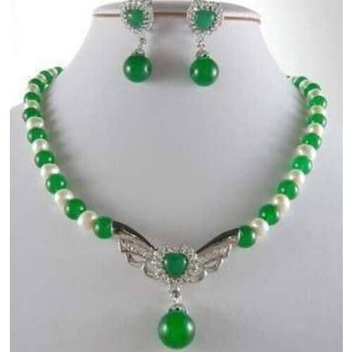 Natural authentic Beautiful white pearl green earrings necklace AA Netsuke Set free shipping