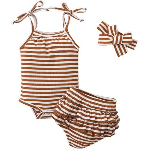 Toddler Girls Clothes Ruffle Shorts Striped Crotch Buttons Sling Vest Pleated Layered Clothes Headband Infant Clothing