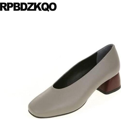 Autumn brown 2018 square toe designer vintage women leather grey shoes thick block footwear size 33 retro big medium heels 4 34