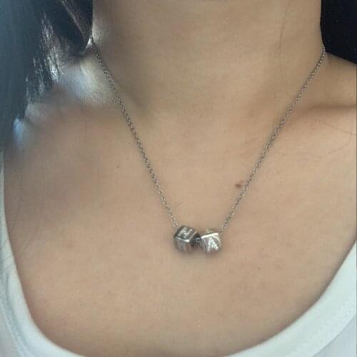 2 Letters Cubic Zircon Customize Name Square Dice Charm Necklace Trendy Silver Color CZ Alphabet Charm Collar Steel Thin Chain