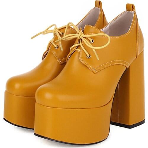 Sexy Platform Punk High Heels Shoes Lace-up Short Boots Women Black Yellow Heeled Pumps Ladies Party Fetish Shoes Large Size