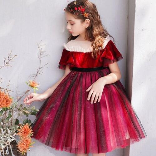 PLBBFZ Red Evening Sequin Dress Beading Graduation Gown Dress Ruffle Kids Clothes Velvet Birthday Party Wedding Dress