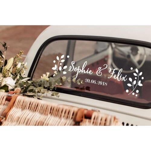 DIY Wedding Car Decor Vinyl Decal Floral Customised Name Date Stickers Personalised Bride Groom Names Decals B195