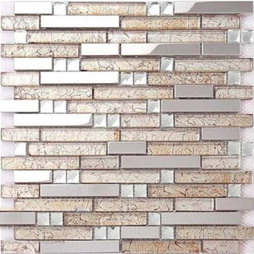 Interlocking Strip Silver Metal Light Coffee Glass Mirror Diamond Mosaic Tile, for Kitchen Backsplash Cabinet Store Frame Wall T