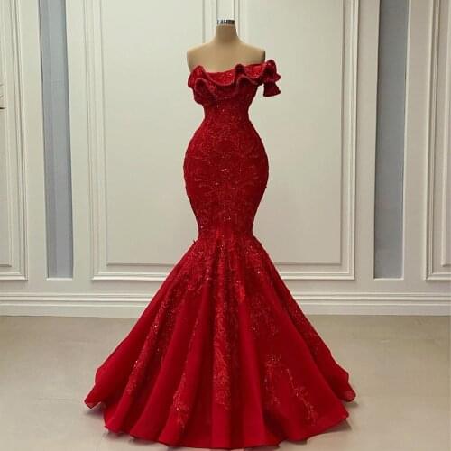 Custom Made Sequins Bead Applique Party Dress With Mermaid Ruffles Lace Evening Dress