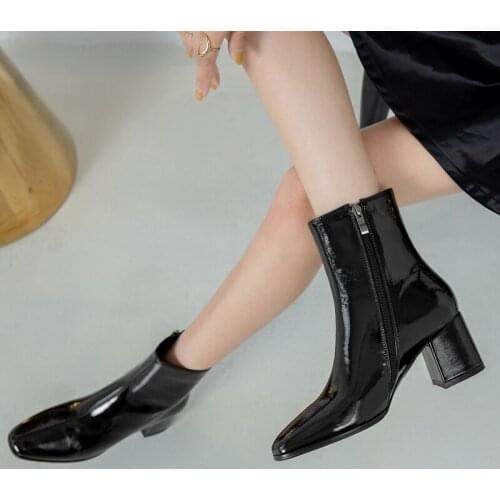 2021 New Autumn Women Fashion Square High Heels Zapatos De Mujer White Patent Leather Shoes Ankle Boots Black Woman Zipper Hot
