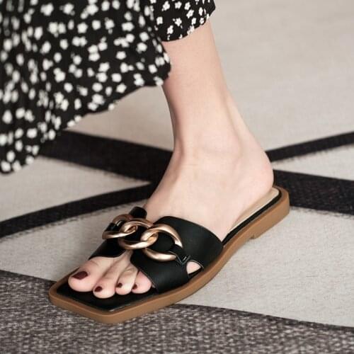 Women Summer Metal New Sandals Square Toe Flat Slippers Female Comfortable Soft Slippers Outdoor Beach Slides