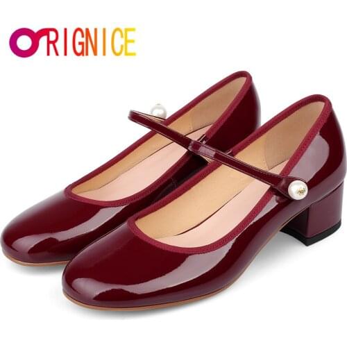 Orignice 2021 Retro Wild Round Toe Mary Janes Pumps Chunky Heel Black Wine Red Pearl Decora Office Lady Shoes Big Size 34-43