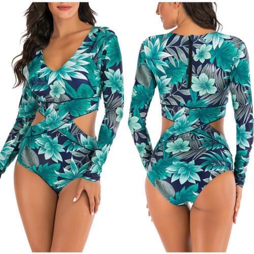 2021 Women Long Sleeved Rashguard Swimwear Print Rash Guards One Piece Surfing Swimsuits For Women Plus size