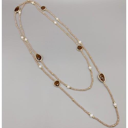 FoLisaUnique Irregular Shape Smokey Quartz Necklace For Women 5-6mm White Freshwater Pearls Hammered Gold Beads Long Necklace
