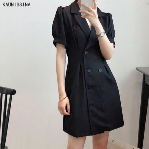 Elegant Blazer Dress Women Notched Collar Short Sleeve Double Breasted Sexy Mini Dresses Solid Ladies Office Business Dress