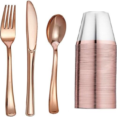 25pcs Rose Gold Tableware set Disposable Plastic Forks Spoons Knifes Drink Cups Wedding Party Home Decorations Christmas Gift