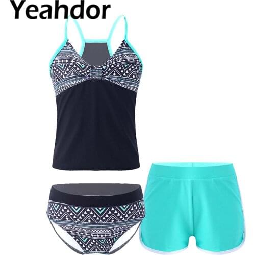 3Pcs Kids Girls Print Swimwear Summer V Neck Straps Tops with Briefs and shorts Set for Beach Pool Swimming Bathing Beach
