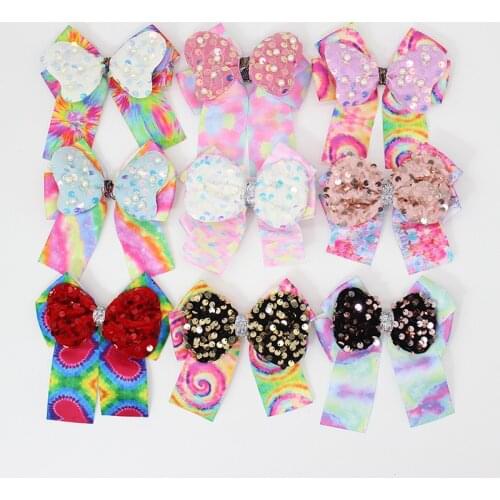 9pcs/set Sequins Streamer Hair Bows for Girls Tie Dye Ribbon Large Bowknot Hairpin Pearl Kids Grips Headdress Hair Accesories