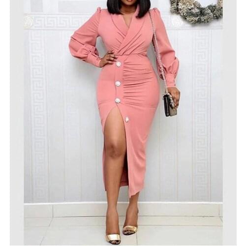 African Women Dress High Stretch Split Pink Midi Sexy Party Dress Long Sleeve Button Pleated Lady Office Work Wear Elegant Robe