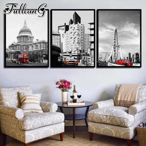 FULLCANG 5d diy diamond embroidery abstract european street scenery painting triptych full square round drill home decor FC3159