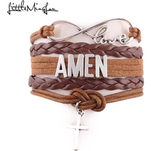 Little Minglou Infinity Love Amen bracelet jesus cross charm religious faith leather men bracelets & bangles for women jewelry