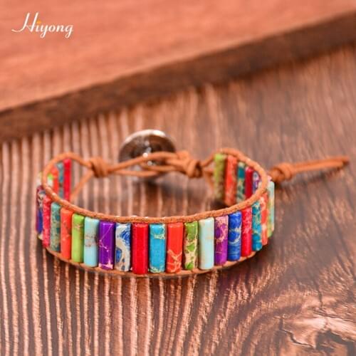 HIYONG 7 Chakra Bracelet Bohemia Handmade Natural Stone Tube Beads Leather Wrap Bracelet Adjustable Yoga Healing Female Bangle