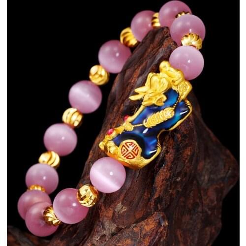 Vietnam Alluvial Gold-Color Mythical Wild Animal Bracelet Transport Bead and Obsidian Eye Hand String of Beads Color Solid Gold