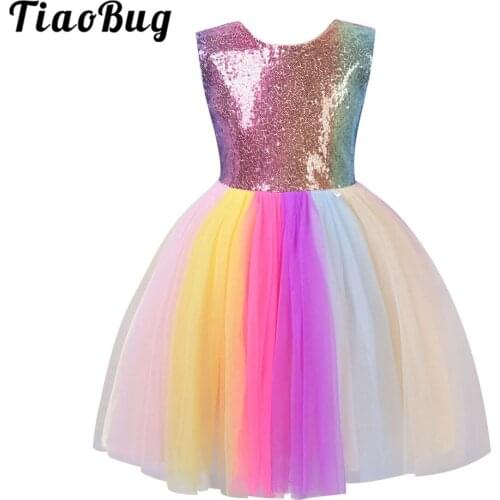 Wedding Party Sequins Flower Girl Dresses Open Back Sleeveless Princess Girls Rainbow Colorful Mesh Tutu Dress For Kids Birthday