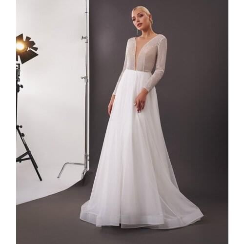 Elegant Scoop Neck A-line Wedding Gowns 2021 High Quality Sweep Train Long Sleeve Backless Bridal Dress