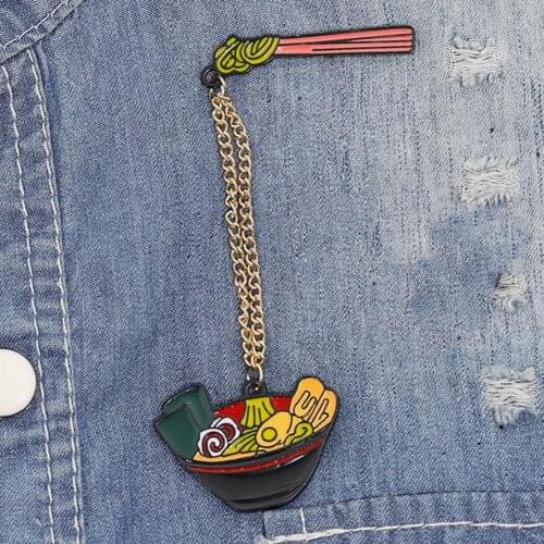 Unisex Brooch Pin Japanese Noodles Enamel Brooch Pin with Chain Denim Jacket Collar Backpack Badge New jewelery accessories