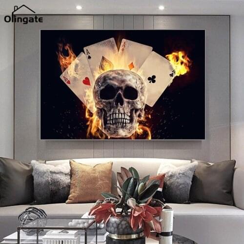 Burning Playing Cards Skull Canvas Paintings Wall Art Posters and Prints Modern Wall Picture for Living Room Home Decoration