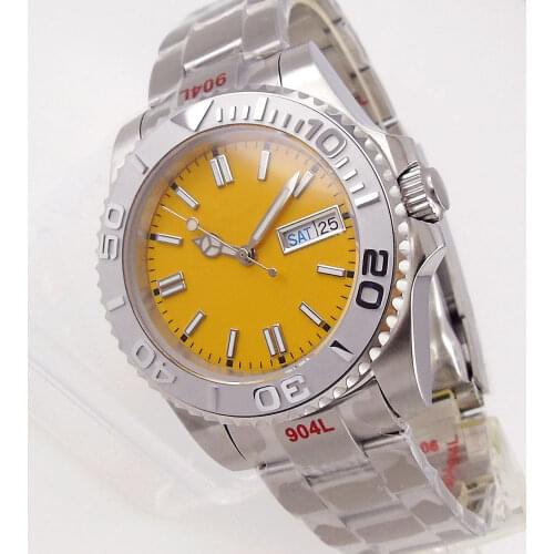 Sapphire Mens Automatic Watch Japan NH36 Movement Day/Date Display Yellow Face Oyster Band Glide Lock Ceramic Rotating Bezel