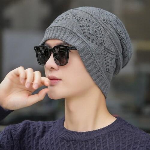 New Mens Winter Knitted Hat Fashion Soft High Quality Add Fur Lined Cap Male Protective Warm Hat