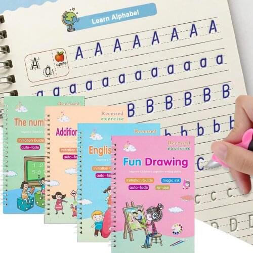 Latest 4 Books Childrens Magic Books, Reusable 3D Calligraphy Copybooks, English Number Lettering Magic Practice Copybooks