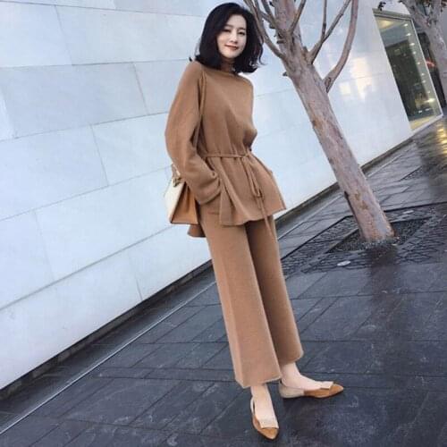 Solid New Autumn Winter Knitted Sweater Women Two Pieces Loose Turtleneck Bondage Pullover Office Lady Wide Leg High Waist Pants