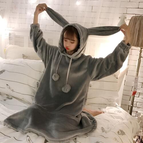 Autumn Winter Women Hooded Long Nightgown Warm Thicken Flannel Nightgowns Female Velvet Sleepwear Long Sleeve Nightdress AB1705