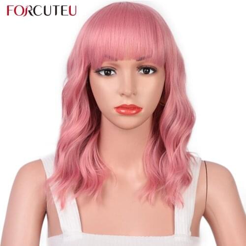 FORCUTEU Short Curly Pink Wig Synthetic Wig With Bangs Orange Red Wavy Cosplay Wigs For Women Natural Soft Hair Heat Resistant