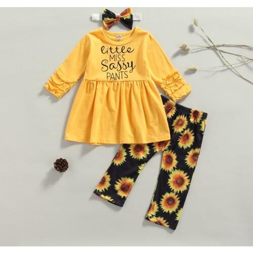 Girls Casual Three-piece Clothes Set, Yellow Round Collar Pullover, Floral Printed Pattern Pants and Headdress