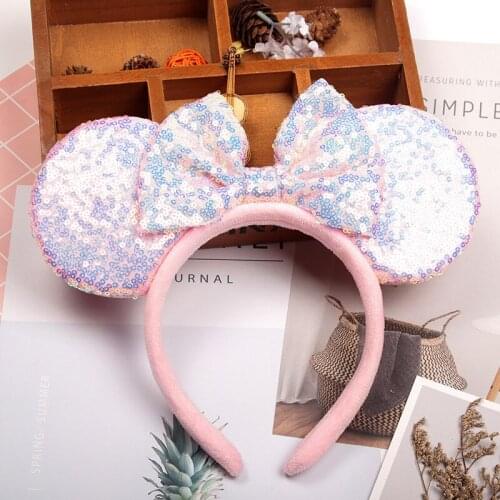 Cute Shiny Sequins Mickey Ear Headband For Girl Princess Pink Blue Hairband Kid Hair Accessories For Women Cartoon Headwear