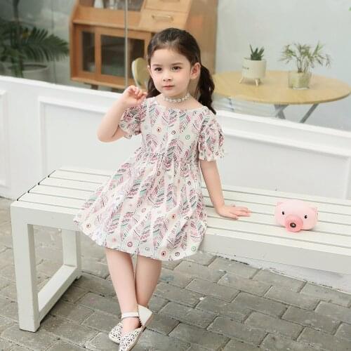 Simple Design Girls Dress 2021 Summer Garden Style Girls Clothes Princess Dress Casual Print Short Sleeve Dresses Kids Costume