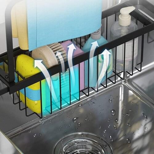 ABSF Adjustable Carbon Sink Drain Rack Sponge Soap Basket Sponge Holder with Towel Rack for Home Kitchen Telescopic