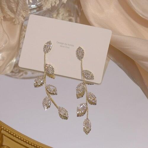 Luxury 14K Real Gold Plated Leaves Earring Delicate Shining Micro Inlaid Zircon Dangle Earrings Wedding Jewelry Accessories