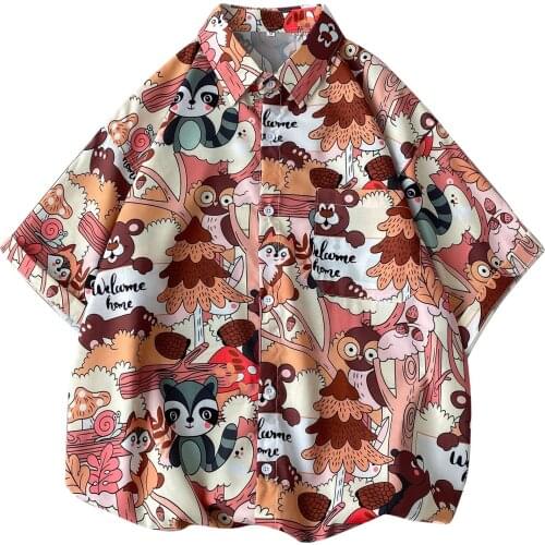 Short-sleeved Floral Shirt Summer Hong Kong Style Mens Trendy Handsome Beach Design Sense Cartoon Womens Loose Shirt