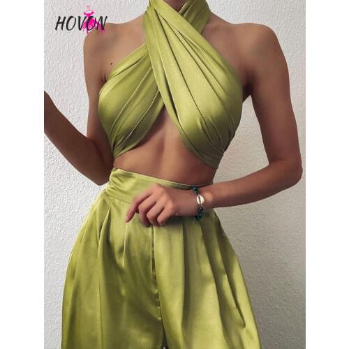 GINCCI Slik Elastic Strapless Tracksuit Sexy Two Piece Set Women Halter Cross Backless Top And Wide Leg Pant Suit Summer Outfits