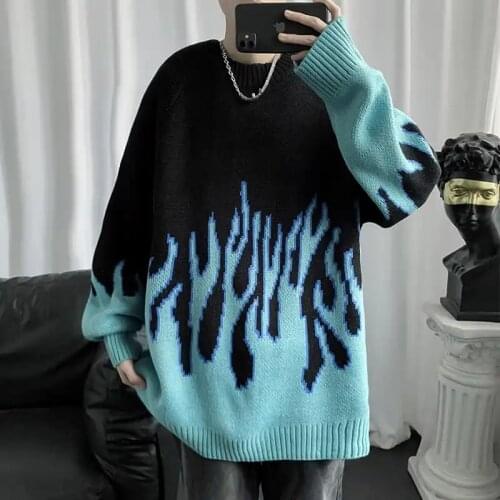 Korean loose Sweater Men Streetwear Retro Flame Pattern Hip Hop New Pull Over O-neck Oversize Couple Casual Mens Sweaters