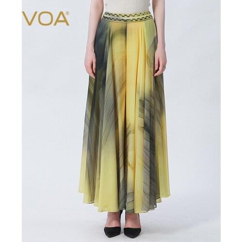 VOA Silk Georgette Trousers Natural Waist Printing Dyeing Process Invisible Side Pocket Elegant Loose Wide-leg Woman Pants KE572