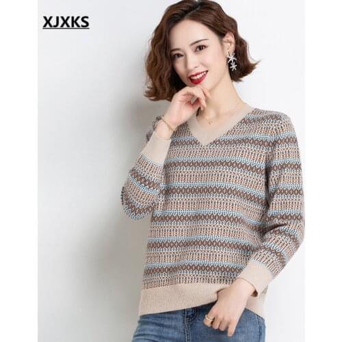 XJXKS 2021 autumn winter new women V-neck sweater fashion striped comfortable cashmere knitted sweater women pullover