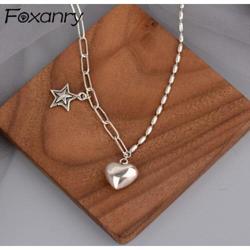 FOXANRY 925 Sterling Silver Splicing Chain Necklace for Women Fashion Hip Hop Vintage LOVE Heart Star Pendant Girl Party Jewelry